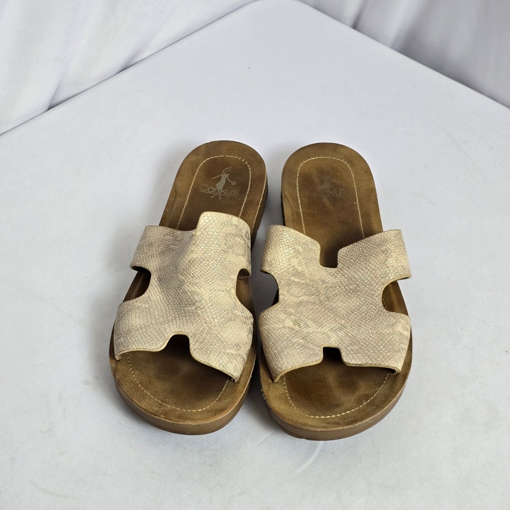 Corkys Bogalusa Champagne Snakeskin Embossed H-Strap Slide Sandals Womens 9